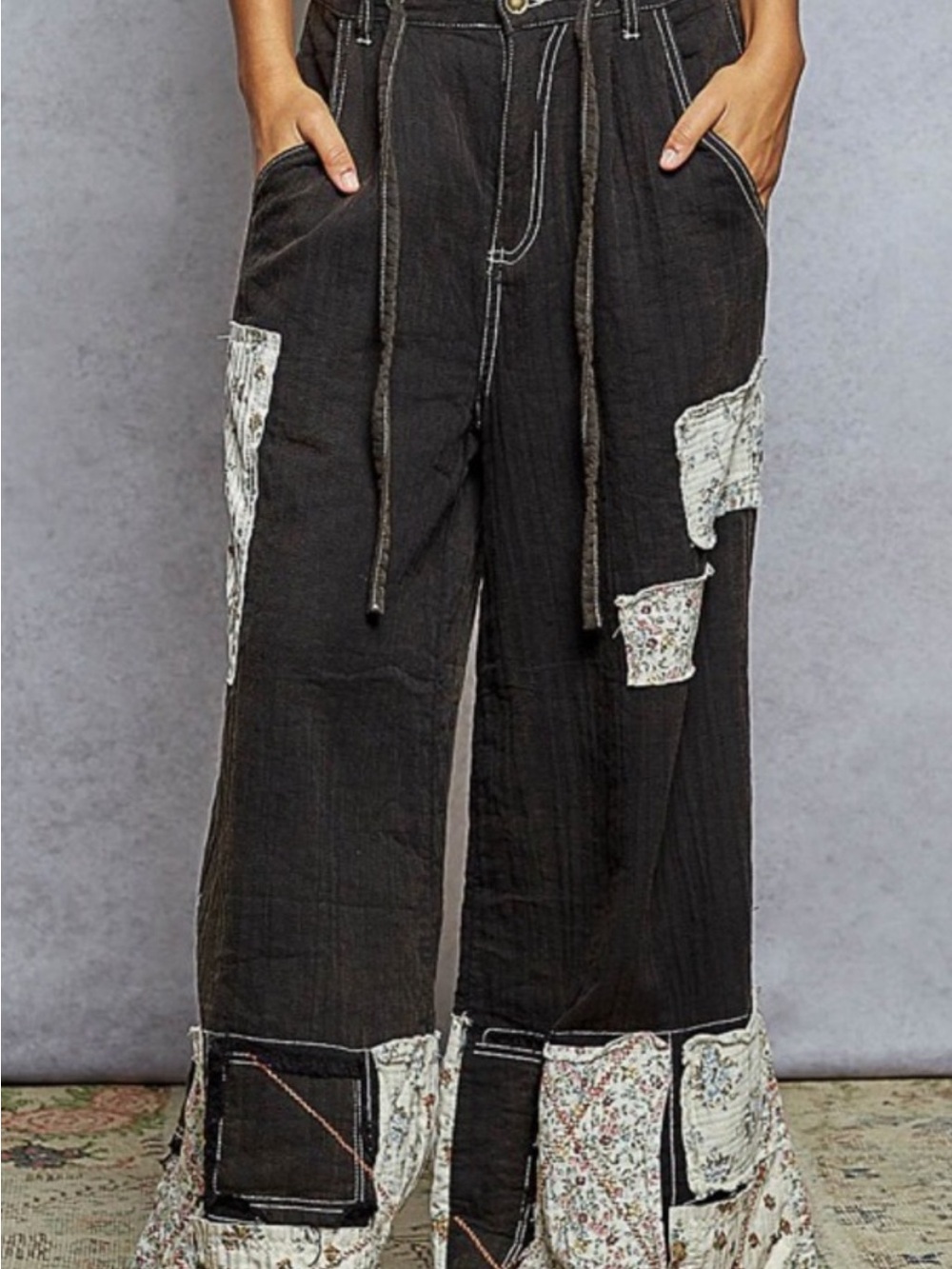 POL Wide-Leg Black Cotton Patchwork Jeans